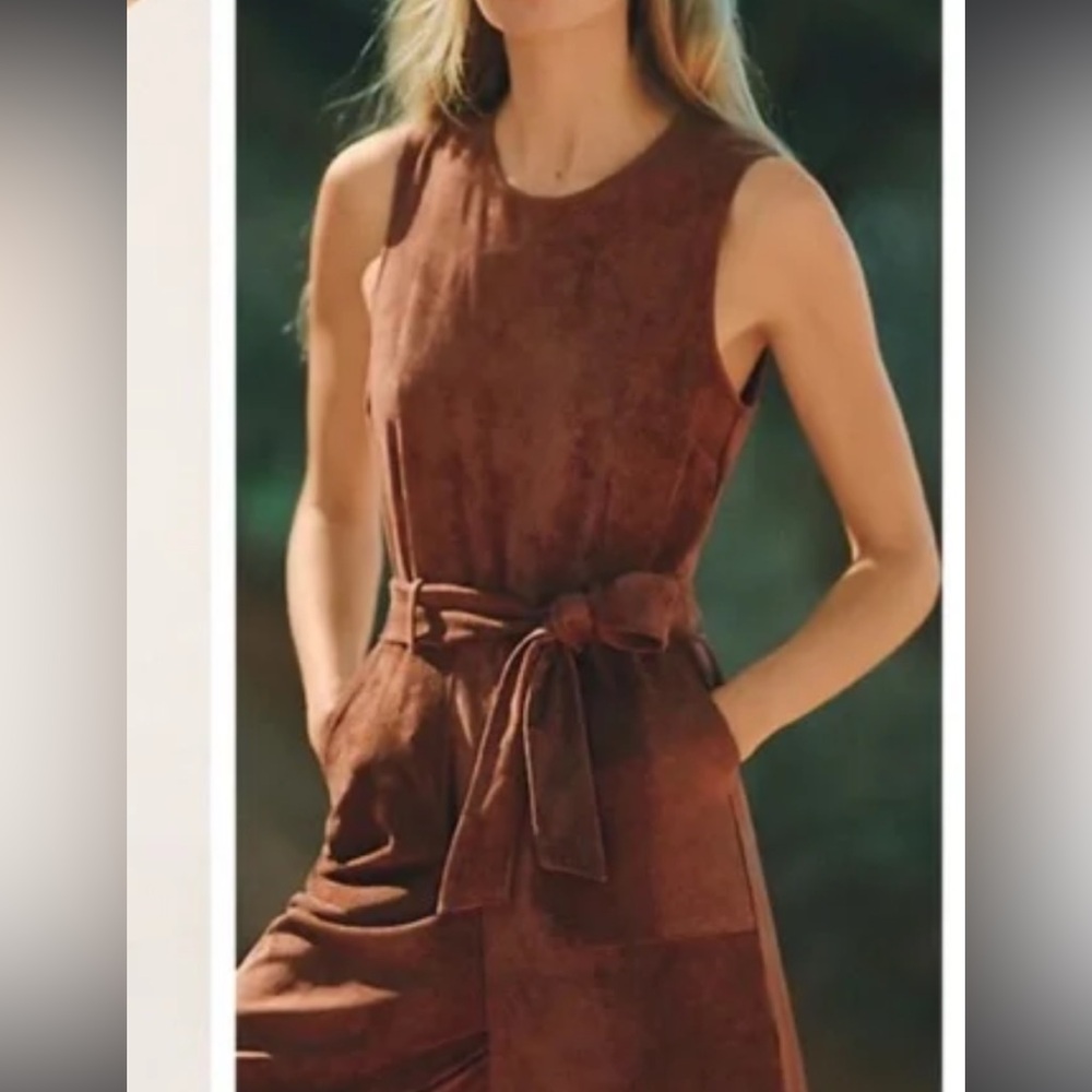 Anthropologie faux suede, brown (chestnut) jumpsuit, size M. Pockets!